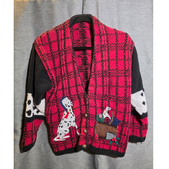 VTG Heavy Dog Christmas Knit Cardigan Dalmation Beagle Ugly Sweater Teacher Sz M - Picture 1 of 6